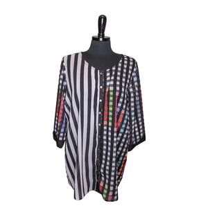 Alison Sheri Sheer Tunic Blouse Top Striped Checked Black And White L